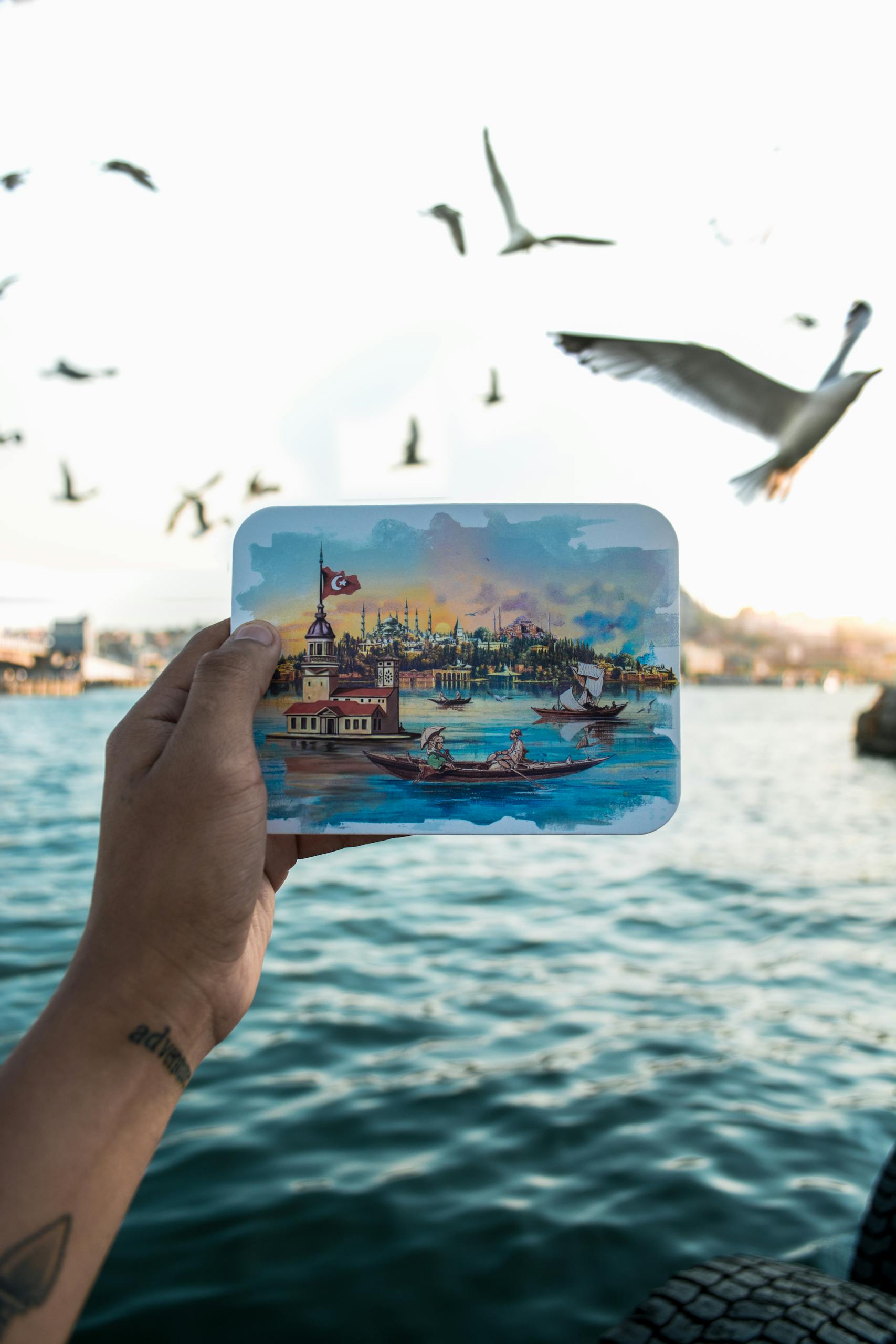 A hand holds an illustrated scene of Istanbul with flying seagulls in the background.